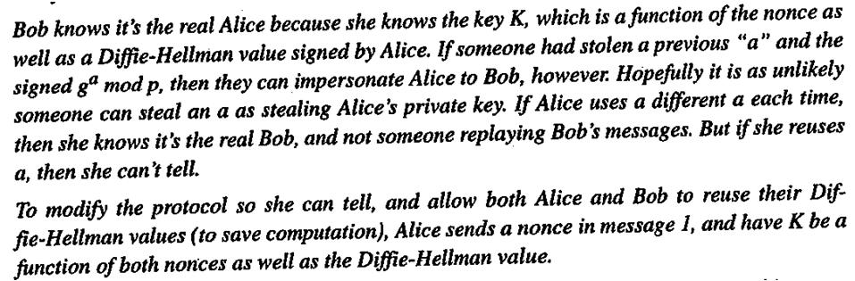 [Kaufman] 16.11 In the Protocol 16-6, explain why Bob knows that Alice is the real Alice, and not someone replaying Alice's messages.