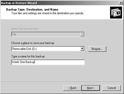Lesson 3 Backing Up Active Directory 3-33 In the Type A Name For This Backup box, enter a name for the backup you are going to do. Click Next.