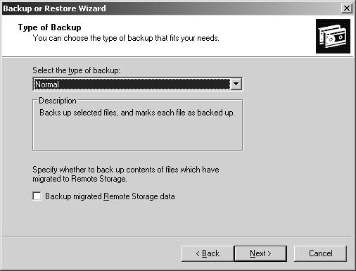 On the Type Of Backup page, shown in Figure 3-12, select Normal as the backup type used for this backup job.