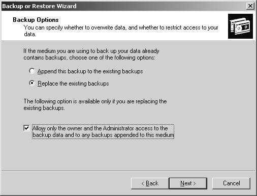 Lesson 3 Backing Up Active Directory 3-35 f03ad14 Figure 3-14 Backup Options page 11. On the When To Back Up page, shown in Figure 3-15, select Now. Click Next.