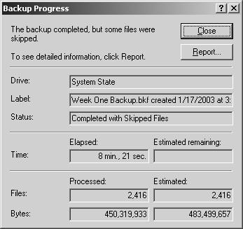 3-36 Chapter 3 Administering Active Directory f03ad16 Figure 3-16 Backup Progress window showing completed backup f03ad17 Figure 3-17 Backup operation report 15.