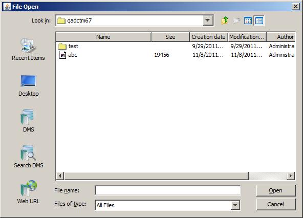 14 Oracle VueLink 19.3.2 for Documentum DMS Browse 1 From the File Open dialog box, click the DMS Browse.
