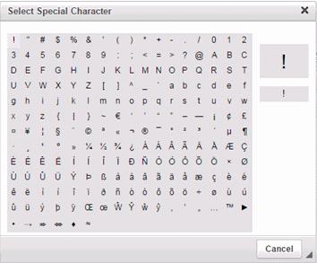 LMS User Guide Chapter 1: Introduction 11 Insert Special Character Inserts a special character such as a copyright mark or currency symbol Select Special Character Box Text Style Selects a built-in