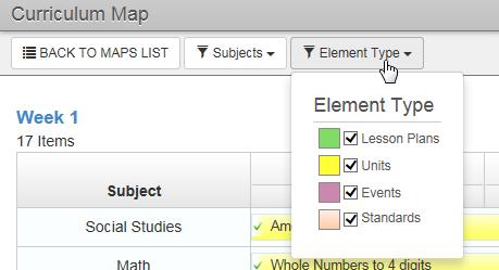 Curriculum Map, Subject Filter Element Type - Use the drop down menu to narrow the results by Element Type.