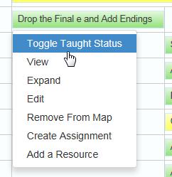 Options Toggle Taught Status - Click to mark the element as taught. A check mark displays next to the element name.