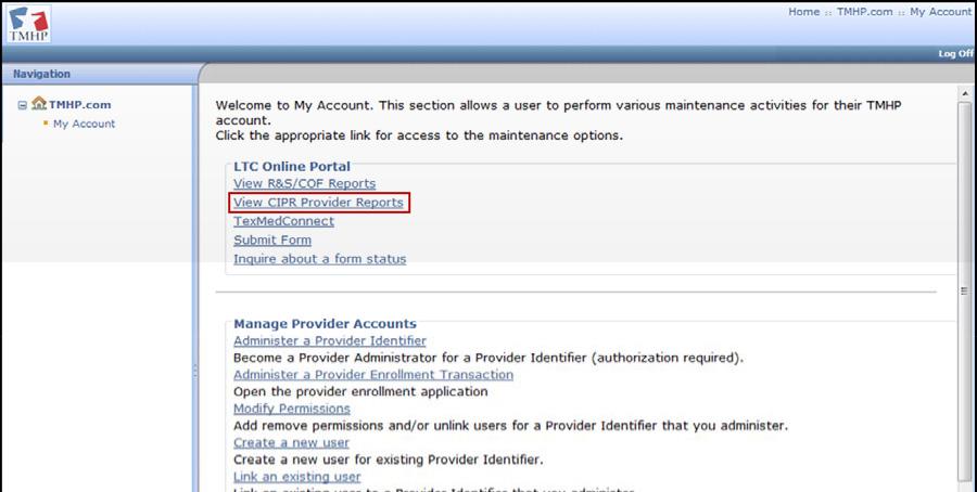2) Click the View CIPR Provider Report link under the LTC Online Portal