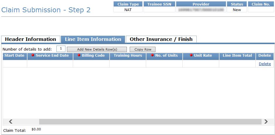 Nurse Aide Training (NAT) To enter a NAT claim: 1) Click the Header Information tab. Complete all of the required fields as indicated by a red dot. The Provider No.
