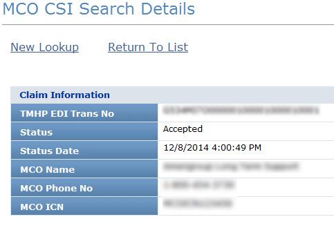 d) If the status of the claim that you clicked was Accepted and the Payer is TMHP, the CSI Search Details page will