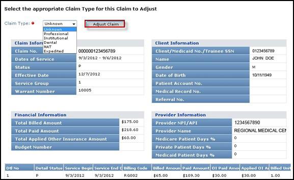 5) Select the appropriate Claim Type from the drop-down box, and click the Adjust