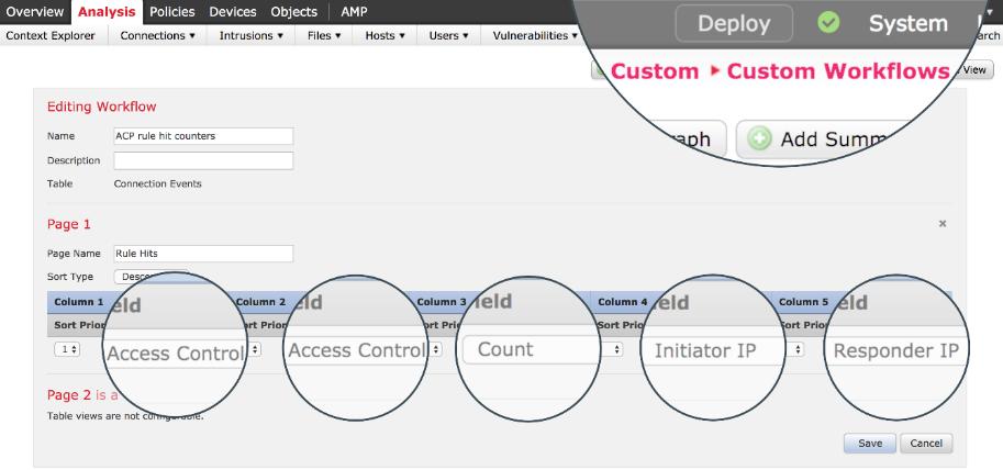 ACP Rule Hit Counters FMC WebUI Analysis -> Custom -> Custom Workflows -> Create Custom Workflow and use Table Connection Events Add page and fill in fields like: