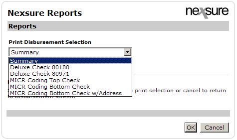 Nexsure Training Manual - Accounting Clicking the Print link on the Navigation toolbar (after the disbursement is posted) now allows the selection of not only the summary but also a check type.