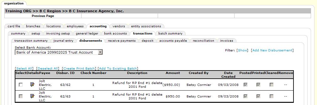 After printing the check, click the Disbursement Summary link on the Navigation toolbar to return the refreshed Disbursements summary screen.