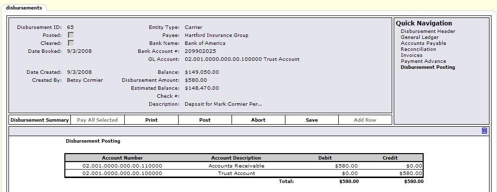 Nexsure Training Manual - Accounting Clicking the Disbursement Posting link on the right side of the screen shows all the general ledger accounts and the amounts that will be posted to each with this