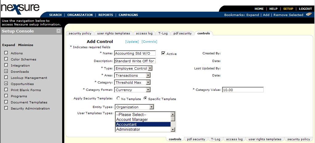 Nexsure Training Manual - Accounting Click [Add New] to display the Add Control screen. Required fields are indicated by an asterisk (*).