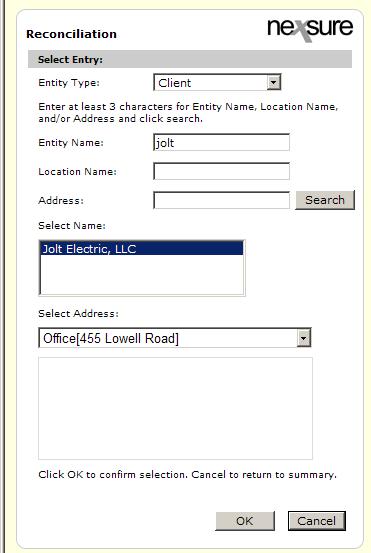 Nexsure Training Manual - Accounting In the Entity Type list, select Client. Enter at least 3 characters of the name of the client and click Search.