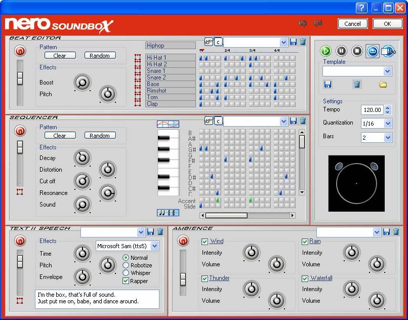 Nero SoundBox 12 Nero SoundBox With Nero SoundBox you can create audio clips. Various rhythms, music types, and instruments are available to you.