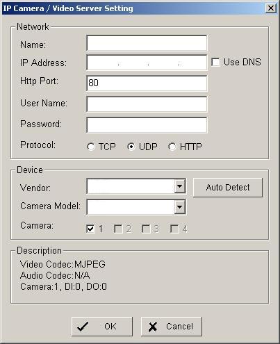 Configuration 32-CH Surveillance System Setting - Camera Network Device Description IP Camera/Video Server Setting panel