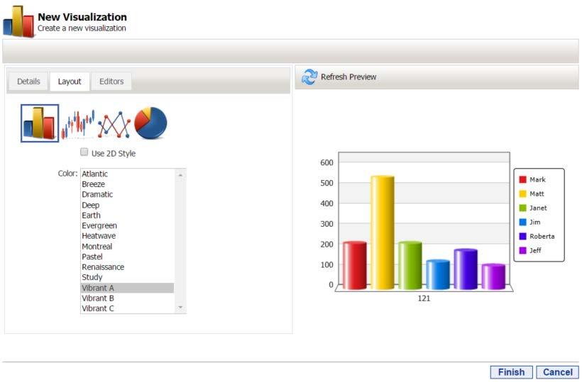 25 Dashboards Administrator's Guide Step Three: Select layout and Color After you have set up the visualization s details and data you are now ready to determine how the visualization will appear.
