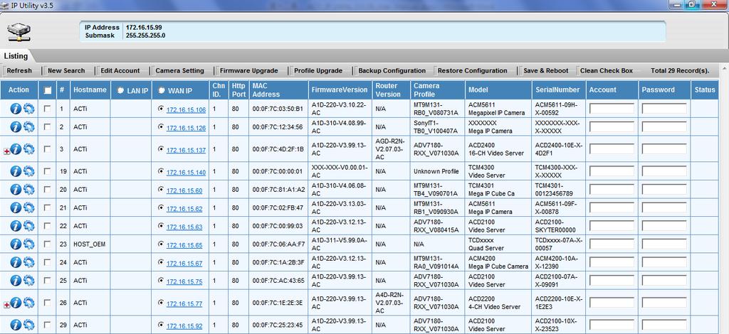 IP Utility Device List User Interface Figure 2 Device List The User Interface of IP Utility can be divided into the Menu Bar and the Device List sections.