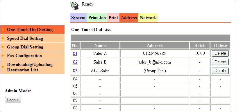 4.3 Administrator mode 4 4.3.20 [Address] - [One-Touch Dial Setting] You can check and register One-touch Dials. Item Description [No.] The One-touch Dial number is displayed.