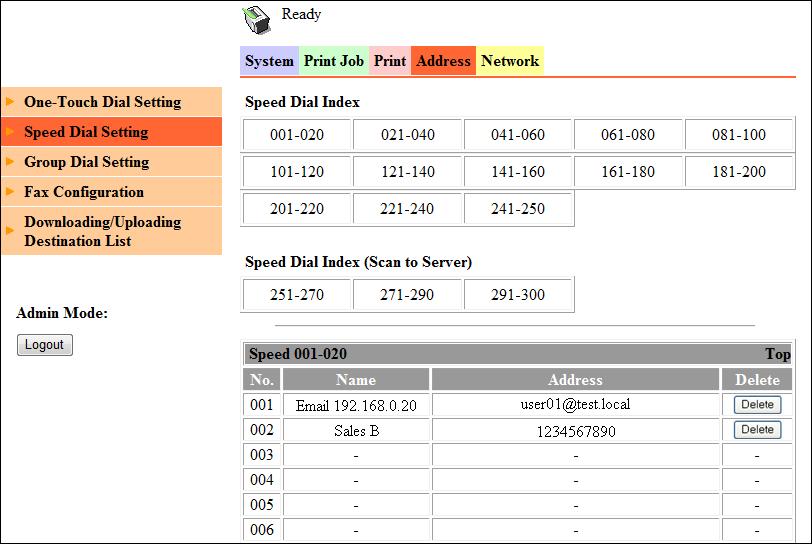 4.3 Administrator mode 4 4.3.21 [Address] - [Speed Dial Setting] You can check and register speed dials. Item Description [No.] The speed dial number is displayed.