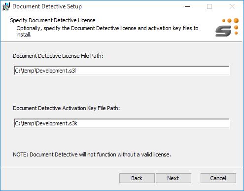 5. Enter the paths to the license files provided to you from Document Detective Support.