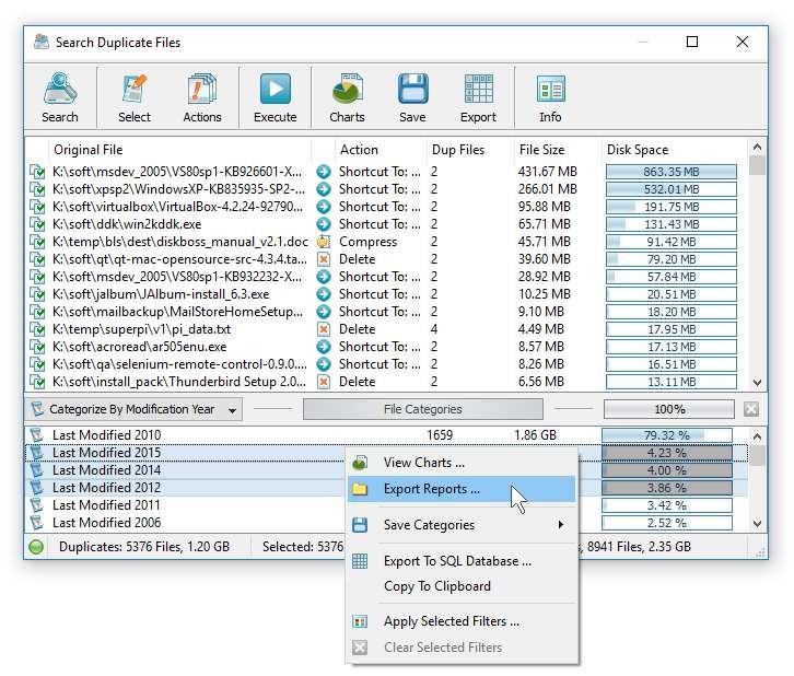 9 Batch Duplicate Files Search Reports DiskBoss allows one to save batches of duplicate files search reports according to the currently selected categories of files with each report showing duplicate