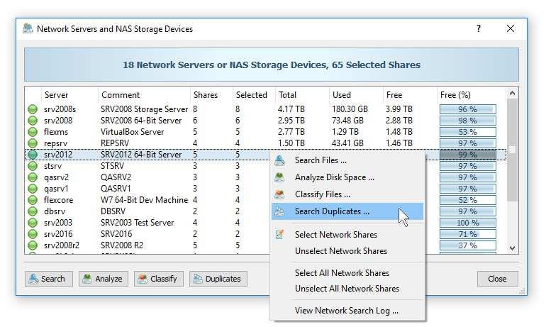 11 Search Duplicate Files in Servers and NAS Devices DiskBoss allows one to scan the network, discover network servers and NAS storage devices, automatically detect all accessible network shares and