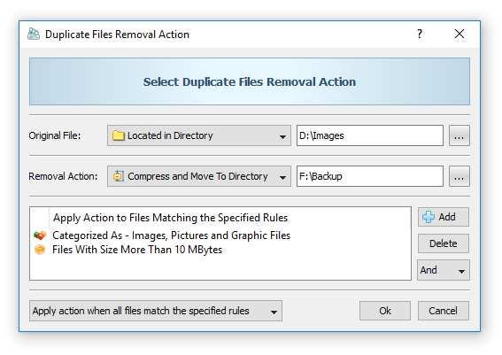 In order to define one or more automatic duplicate files removal actions, open the duplicate files search command dialog, select the 'Actions' tab and press the 'Add' button.