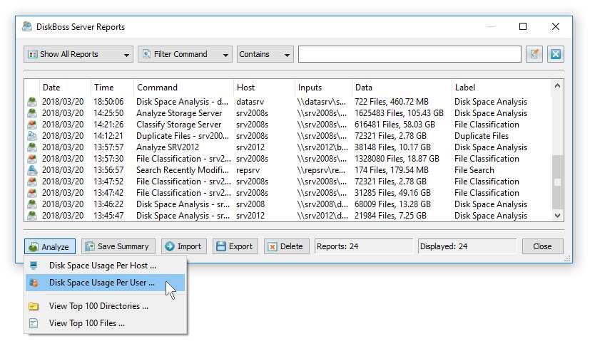 17 Analyzing Duplicate Files Per User DiskBoss Server and DiskBoss Enterprise provide the ability to automatically detect all servers and NAS storage devices on the network, search duplicate files in