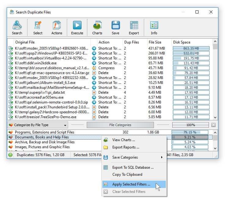 4 Using File Filters and File Categories The DiskBoss duplicate files finder allows one to categorize and filter duplicate files by the file type, extension, category, size, user name, etc.