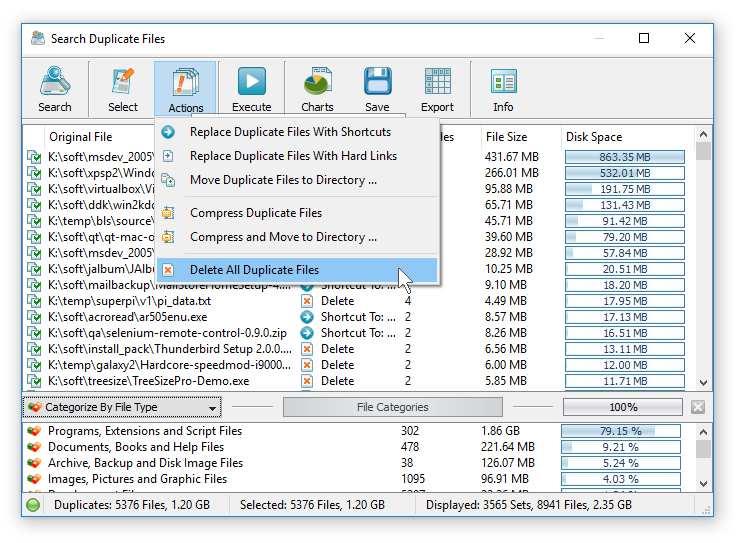 6 Selecting Duplicate Files Removal Actions The DiskBoss duplicate files finder allows one to delete duplicate files, move duplicate files to another directory, replace duplicate files with shortcuts