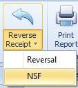 4. Click Reverse Receipt on the ribbon, and select NSF from the drop-down. 5. Click Yes on the pop-up asking if you are sure. 6.