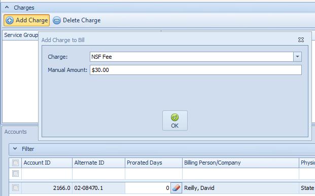 Select the NSF charge from the top box, and then enter the amount of your NSF charge in the Manual Amount box, click OK. 6.