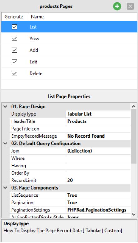 Managing PHPRad Pages You can customize your pages using this section in the PHPRad environment. List : Displays all your database records in a table view or a custom view format.