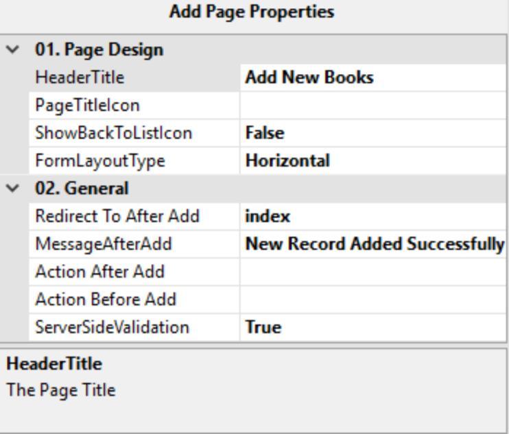 Page Properties (Add) Page Design: Header Title: Set the header title of the page which you want to display.