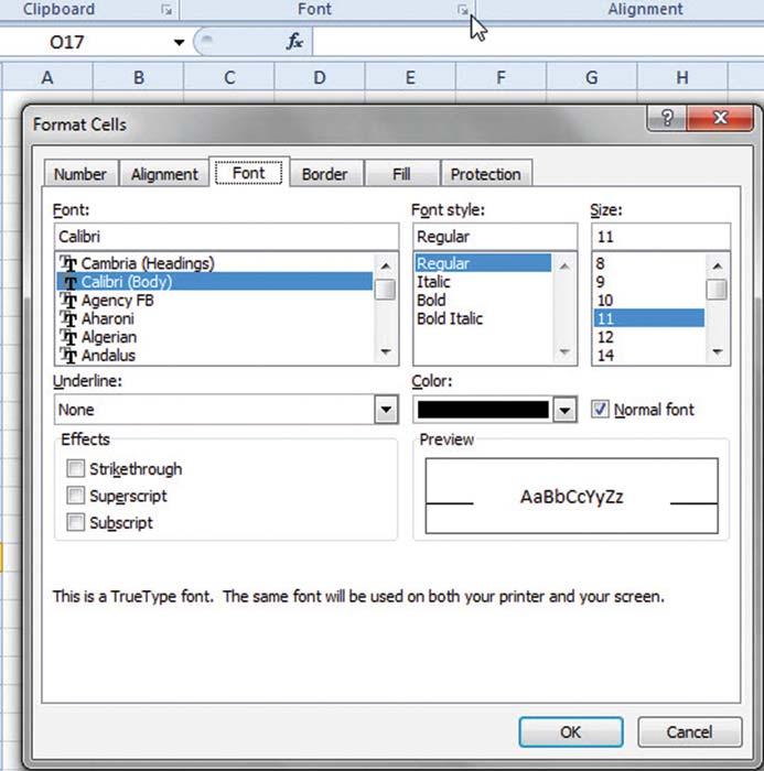 Figure 1.2 - The mouse pointer is showing the dialog box launcher in the Font group of the Home tab.