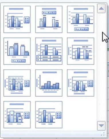 Gallery Icons Fit Many Choices into a Tiny Space Some ribbon elements consist of a gallery of many different options. In Figure 1.4, the Chart Layouts gallery shows three thumbnails at a time.