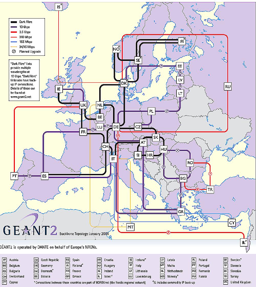 GÉANT2 and NRENs (35) in Europe The European NRENs in the last years created diffuse and advanced hybrid networks, offering advanced end-to-end services.