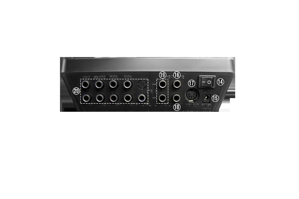 Rear Panel 14 - Power switch 15 - DC Adapter Jack DC 9V 16 - Headphone Jack 17 - MIDI Out 18 - Line In Connect an External MIDI