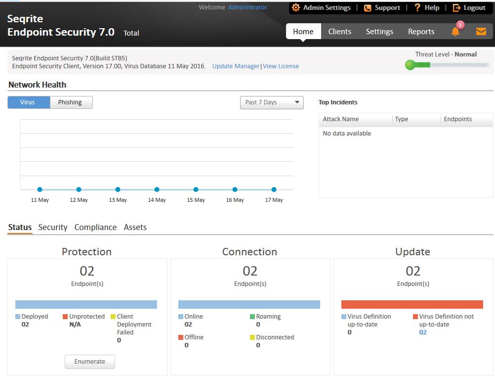 About Seqrite Endpoint Security Dashboard Dashboard Area The Dashboard area on the Home page has widgets for the following: Overview Feature Product version Update Manager View license Description