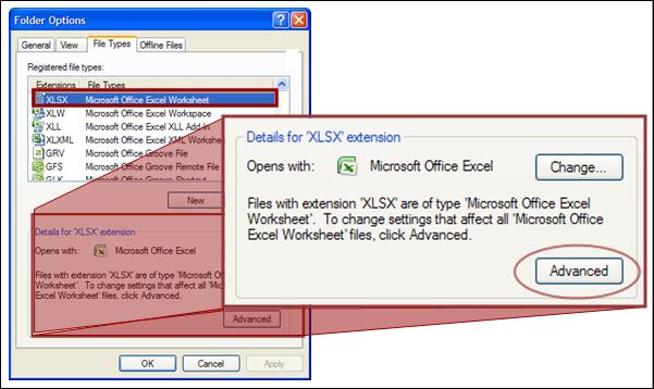 3. Choose File Types > XLS Microsoft Excel Worksheet. 4. Click the Advanced button. 5.