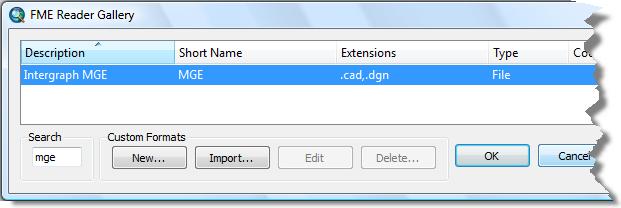 2. Type mge in the Search text box. 3. Click the row listing the Intergraph MGE format and click OK. The FME Reader Gallery dialog box closes. 4. Click Next. Specifying the data source 1.