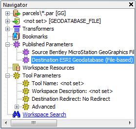 2. Expand Published Parameters. 3. Double-click Destination ESRI Geodatabase (File-based). The Edit Published Parameter dialog box opens. 4. Click the browse button.