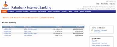 The Alerts and Inbox and Quick Links boxes on screen make it easy to move to your Rabobank Internet Banking Mail and other commonly used actions.