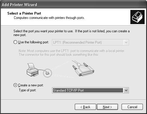 4. Select the Create a new port radio button, and then select Standard TCP/IP Port from the list.
