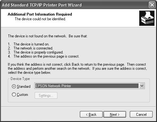 . If an error occurs, the following dialog box appears. Select the Standard radio button and then select EPSON Network Printer.