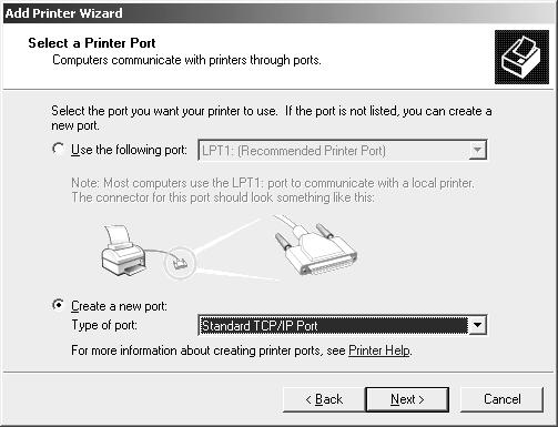 4. Select the Create a new port radio button, and then select Standard TCP/IP Port from the list. Click Next.