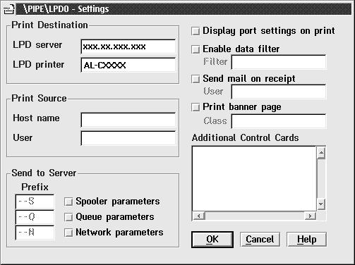 . Enter the IP address of the print server in the LPD server box. Enter the printer name set in step 2 in the LPD printer box. 7. Close the Printer icon to exit printer configuration.
