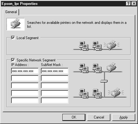 . Select the Specific Network Segment check box and enter the IP address and subnet mask of the printer you want to find. Click OK. 4.
